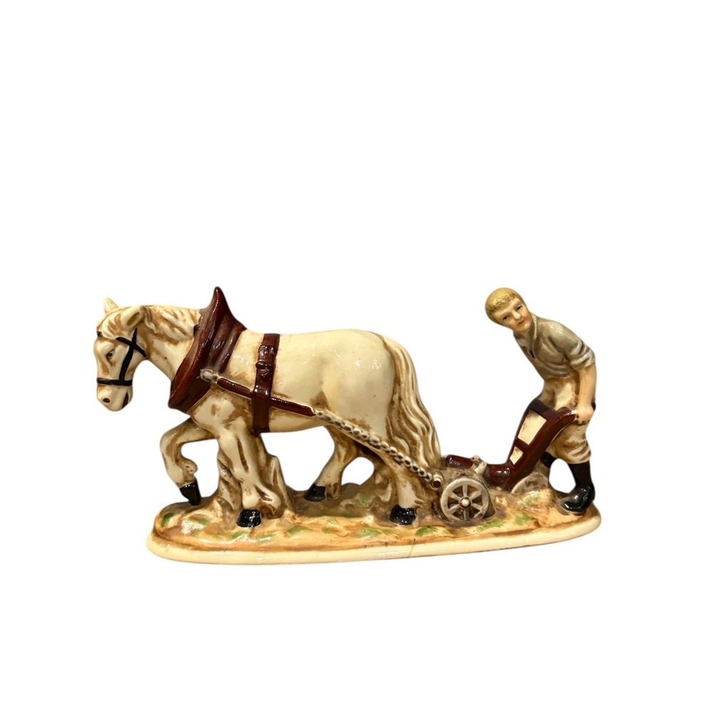 Antique Moriyama Cream‎ Ceramic Horse and Plow Figurine Occupied Japan Vintage